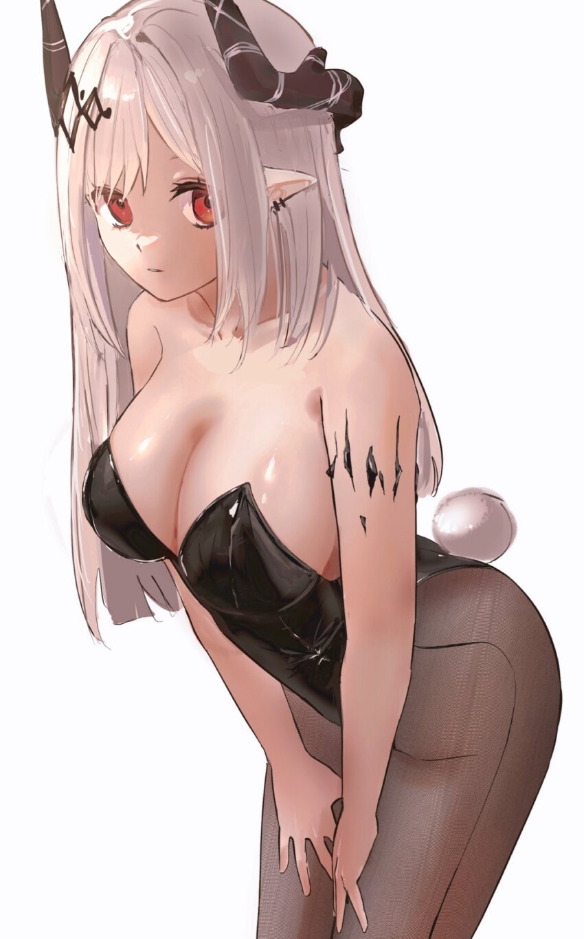1girl a6_9s_rinlin absurdres alternate_costume arknights bare_arms bare_shoulders black_leotard breasts brown_horns brown_pantyhose cleavage collarbone commentary_request cowboy_shot earrings fake_tail grey_hair hands_on_own_legs hands_on_own_thighs highres horns jewelry large_breasts latex latex_leotard leotard long_hair looking_at_viewer material_growth mudrock_(arknights) oripathy_lesion_(arknights) pantyhose parted_lips playboy_bunny pointy_ears red_eyes simple_background solo standing strapless strapless_leotard tail white_background