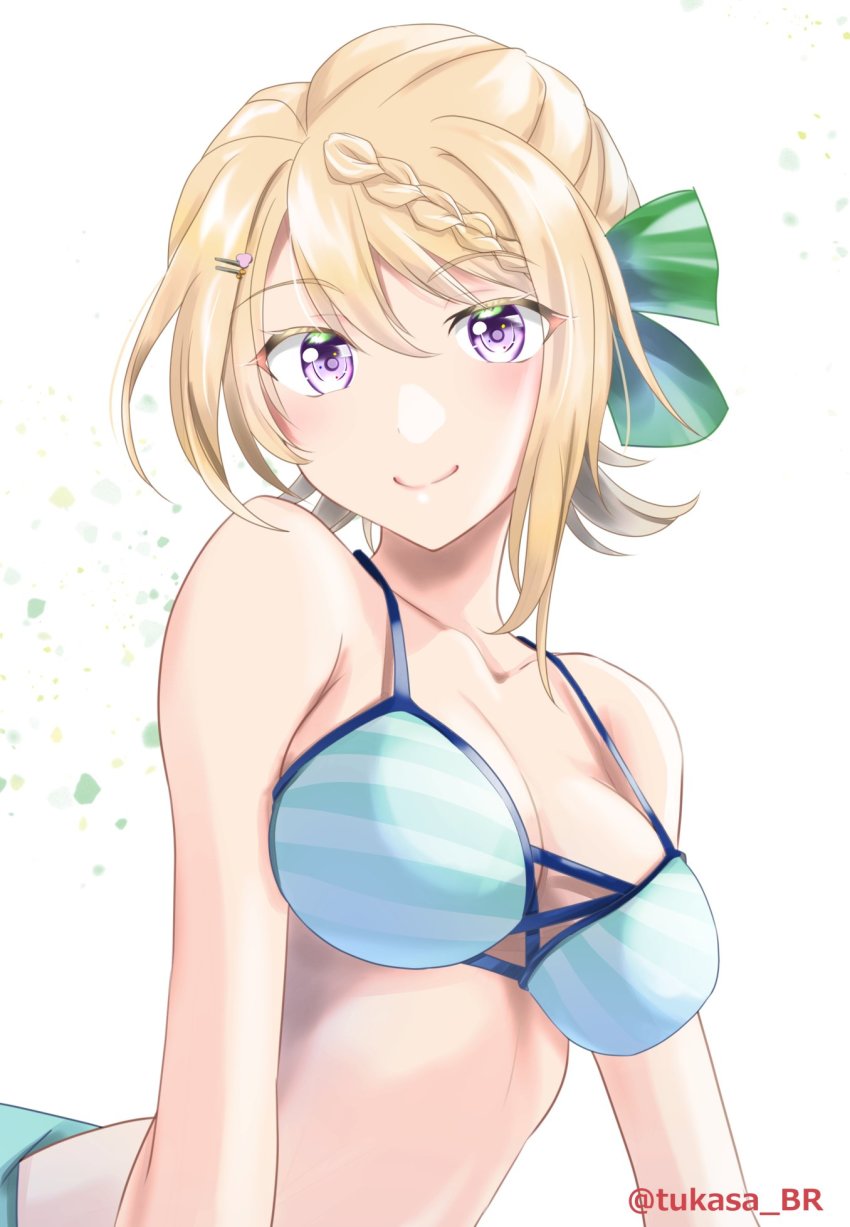 1girl bikini blonde_hair braid braided_bangs braided_bun breasts cleavage commentary_request green_bikini hair_bun highres kantai_collection large_breasts long_hair official_alternate_costume perth_(kancolle) perth_(swimsuit)_(kancolle) purple_eyes simple_background solo striped_bikini striped_clothes swimsuit tsukasa_(tukasa_br) upper_body white_background