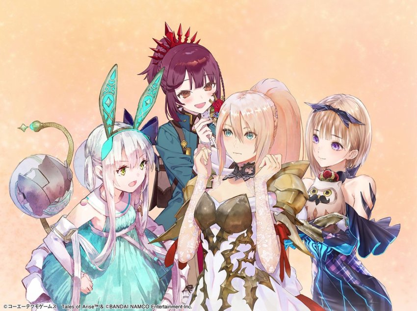 4girls accessories_switch armor atelier_(series) atelier_sophie atelier_sophie_2 blue_eyes blue_reflection_(series) blue_reflection_tie braid breasts crossover dress female_focus gust hair_between_eyes hair_ornament hoshizaki_ao long_hair medium_breasts multiple_girls official_art open_mouth pink_hair plachta ponytail shionne_(tales) shoulder_armor sidelocks smile sophie_neuenmuller tales_of_(series) tales_of_arise very_long_hair white_dress