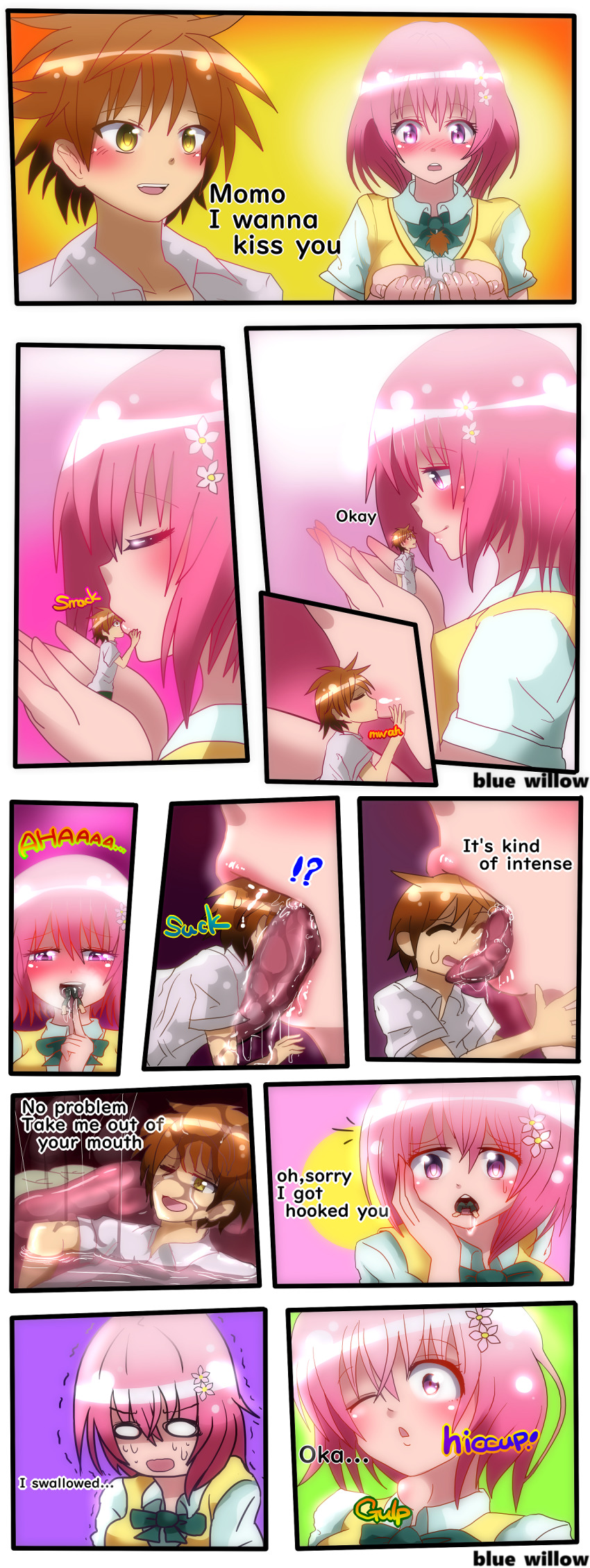 !? 1boy 1girl absurdres accident accidental_vore artist_name blue_willow blush brown_hair comic english_text engrish_text flower giant giantess hair_flower hair_ornament hetero hiccup highres inside_creature kiss long_image medium_hair momo_velia_deviluke no_pupils o_o one_eye_closed open_mouth parted_lips pink_hair purple_eyes ranguage saliva saliva_trail school_uniform short_hair size_difference smile swallowing sweat sweatdrop tall_image text_focus throat_bulge to_love-ru tongue tongue_out upper_body vore yellow_eyes yuuki_rito