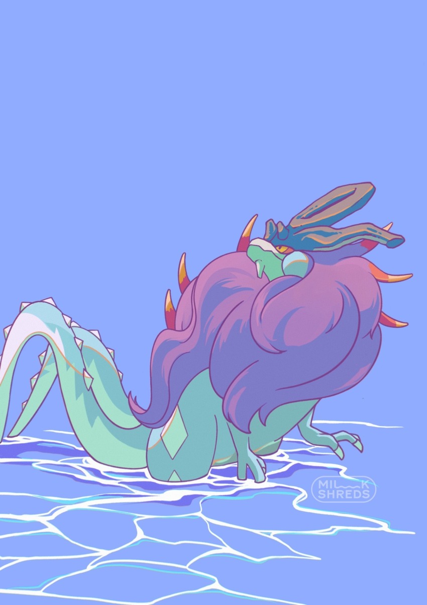 artist_name colored_sclera commentary_request highres looking_up milkshreds multiple_tails nintendo no_humans pokemon pokemon_(creature) solo spikes tail two_tails walking_wake water yellow_sclera