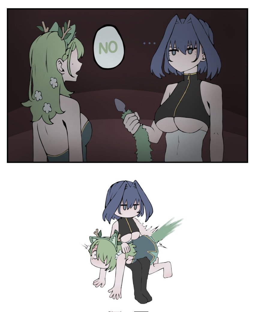 ... 2girls anal_tail animal_ears antlers blue_eyes blue_hair breasts butt_plug ceres_fauna english_text eyebrows_hidden_by_hair fake_animal_ears fake_tail green_hair hair_intakes hair_over_one_eye highres hikigaya_0926 hololive hololive_english horns invisible_chair medium_hair mole mole_under_eye multiple_girls no no_mouth no_nose ouro_kronii short_hair sitting spanking tail underboob virtual_youtuber yuri zipper zipper_pull_tab