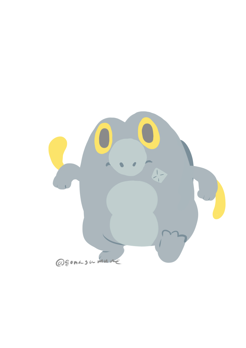 absurdres closed_mouth frigibax full_body goma_(gomasamune) highres looking_at_viewer nintendo no_humans pokemon pokemon_(creature) simple_background soles solo twitter_username walking white_background yellow_eyes