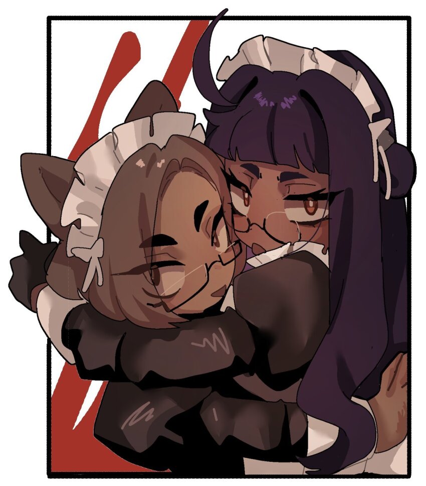 2girls ahoge andrea_(ny_000a) animal_ears black_dress black_gloves blood brown_eyes brown_hair cat_ears dress glasses gloves highres hug juliet_sleeves katriel_(project_moon) library_of_ruina long_hair long_sleeves looking_at_viewer maid maid_headdress multiple_girls ny_000a oc_x_canon open_mouth original pince-nez project_moon puffy_sleeves purple_hair smile upper_body white_background yuri