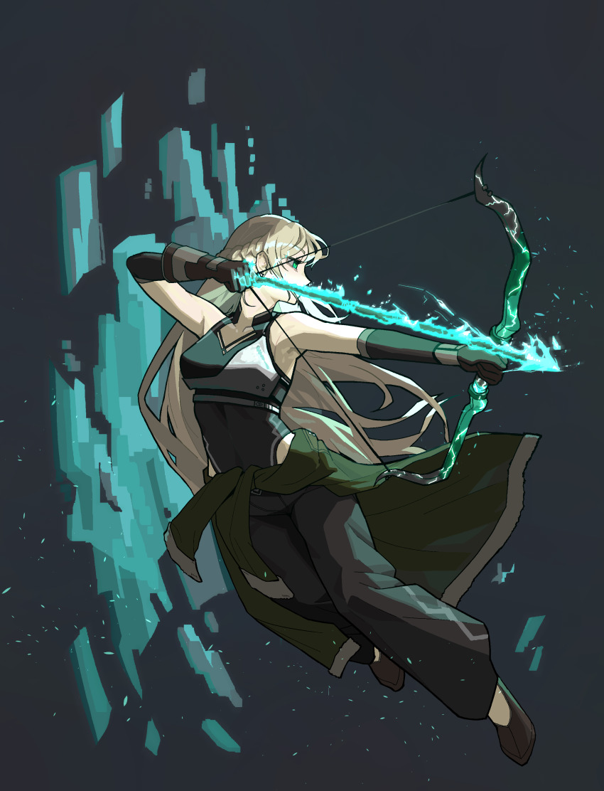 1girl absurdres aqua_fire arrow_(projectile) black_gloves black_pants black_shoes blonde_hair bow_(weapon) braid elbow_gloves flaming_arrow french_braid full_body gloves glowing green_eyes highres long_hair original pants profile rusellunt shoes sleeveless solo very_long_hair weapon