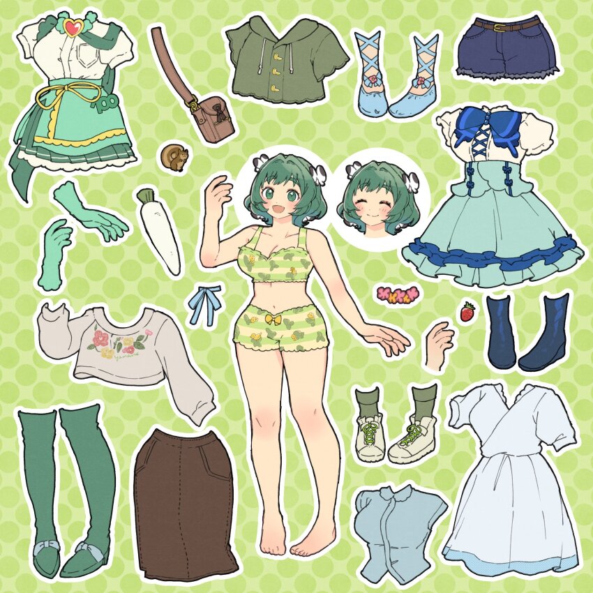 1girl :d ankle_lace-up aqua_gloves arm_up bloomers blouse blush boots bra breasts bug butterfly butterfly_on_head cleavage cropped_jacket daikon denim denim_skirt female_focus food fruit gloves green_bloomers green_bra green_eyes green_hair green_thighhighs highres insect kimi_no_koto_ga_dai_dai_dai_dai_daisuki_na_100-nin_no_kanojo kisekae matching_hair/eyes medium_breasts medium_hair navel open_mouth outstretched_arm oyomidtarumi pigeon-toed platform_footwear platform_heels polka_dot polka_dot_background radish shirt shoes skirt smile sneakers squirrel strawberry thigh_boots thighhighs underwear yasashiki_yamame