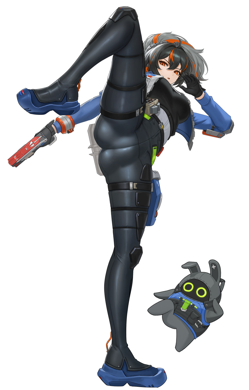 1girl absurdres ass black_gloves black_hair blue_jacket breasts cameltoe full_body gloves gun hair_between_eyes handgun heine_(haloo1101) highres holding holding_gun holding_weapon jacket large_breasts long_hair looking_at_viewer multicolored_hair police police_uniform ponytail red_hair securityboo_(zenless_zone_zero) split standing standing_on_one_leg standing_split streaked_hair weapon white_background zenless_zone_zero zhu_yuan
