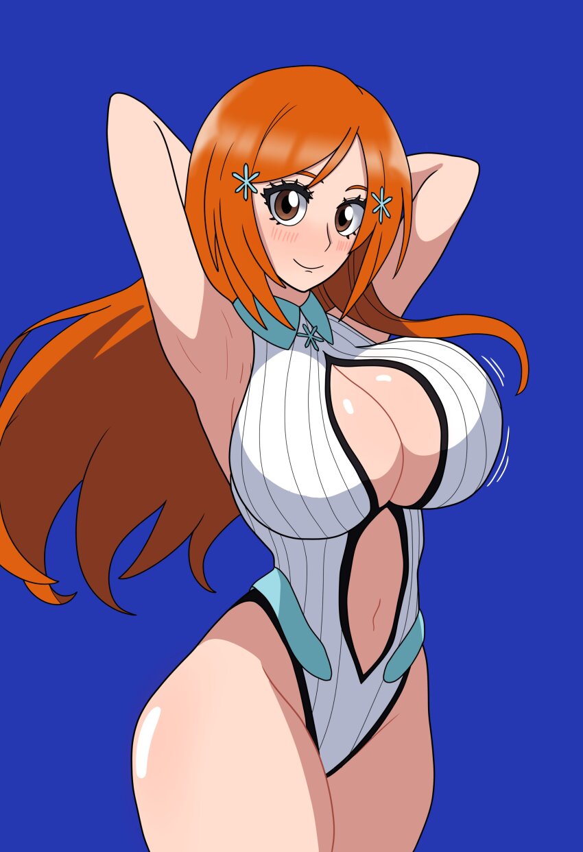 1girl absurdres armpit_crease armpits arms_behind_head bleach bleach:_sennen_kessen-hen blue_background blush bojack198 breasts brown_eyes cleavage cleavage_cutout clothing_cutout female_focus hair_ornament hairclip highres inoue_orihime legs_together long_hair looking_at_viewer orange_hair shiny_skin simple_background smile thighs