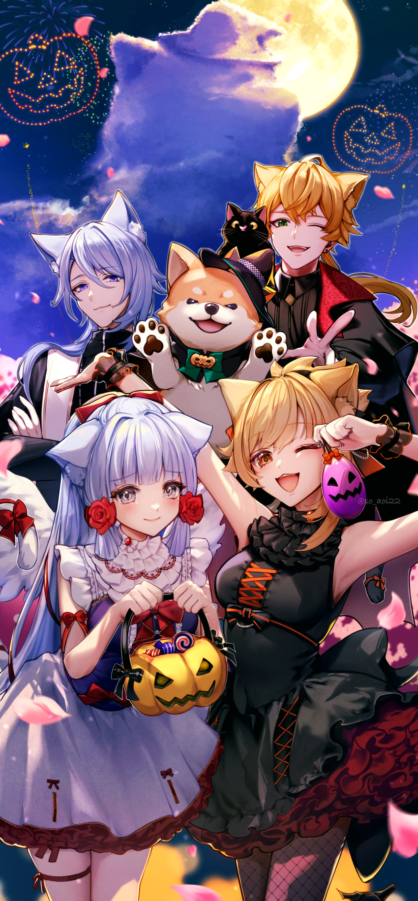 2boys 2girls absurdres aerial_fireworks animal_ear_fluff arms_up asahi_(vjss4548) ayaka_(genshin_impact) black_dress black_shirt blonde_hair commentary_request dog dress fireworks fishnets full_moon genshin_impact green_eyes halloween highres holding jack-o&#039;-lantern kamisato_ayato leaning_forward long_hair looking_at_viewer moon multiple_boys multiple_girls night night_sky one_eye_closed open_mouth shirt sky sleeveless sleeveless_dress smile thoma_(genshin_impact) white_dress white_hair yellow_eyes yoimiya_(genshin_impact)