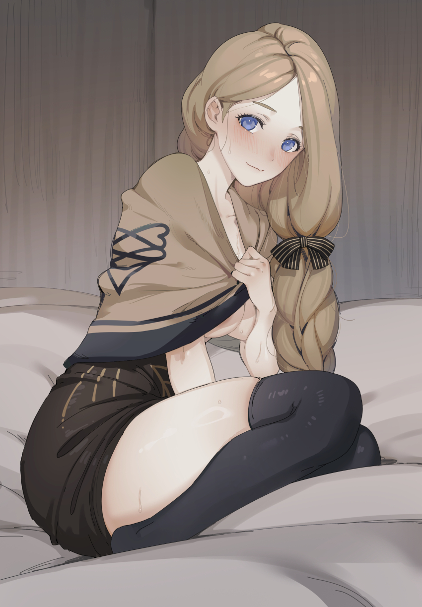 1girl bed_sheet black_thighhighs blonde_hair blue_eyes blush braid braided_ponytail breasts brown_skirt closed_mouth covering_breasts covering_privates doehorn fire_emblem fire_emblem:_three_houses full_body hair_ribbon highres large_breasts leaning_to_the_side light_smile long_hair looking_at_viewer mercedes_von_martritz nintendo ribbon shirt_tug sitting skindentation skirt solo sweat thighhighs thighs very_long_hair wooden_wall