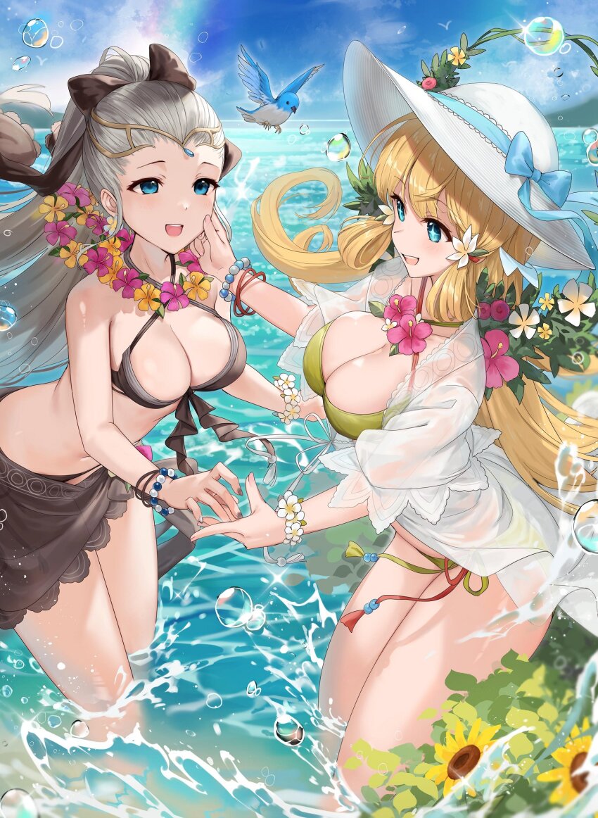 2girls beach bikini bikini_skirt bird black_bikini blonde_hair blue_bird blue_eyes bow bracelet breasts bubble cleavage commission commissioner_upload earrings eir_(fire_emblem) eir_(summer)_(fire_emblem) fire_emblem fire_emblem_heroes flower flower_bracelet flower_earrings flower_necklace gold_tiara grass green_bikini hair_bow hair_flower hair_ornament haru_(nakajou-28) hat highres jacket jewelry large_breasts lei long_hair multiple_girls navel necklace nintendo official_alternate_costume ponytail sidelocks skeb_commission sunflower swimsuit tiara twintails water white_hair white_hat ymir_(fire_emblem_heroes) ymir_(summer)_(fire_emblem_heroes)