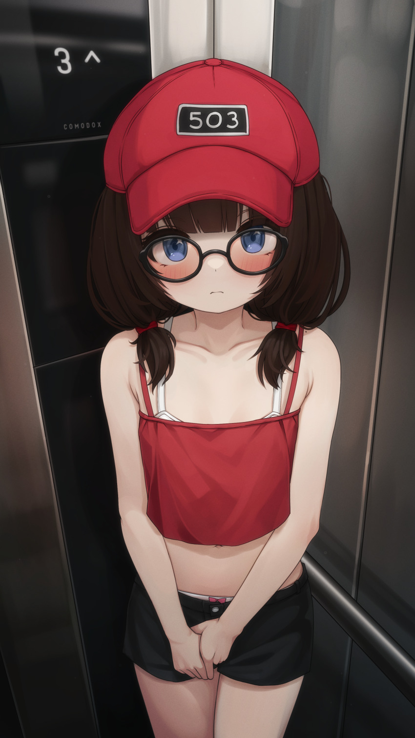 1girl absurdres bare_arms bare_shoulders baseball_cap black-framed_eyewear black_shorts blue_eyes blush bow bow_panties bra bra_pull brown_hair camisole closed_mouth clothes_pull collarbone comodox cowboy_shot elevator glasses hat highres huge_filesize indoors large_variant_set long_hair looking_at_viewer low_twintails midriff navel original panties panty_peek peaked_cap red_camisole red_hat sheryn_(comodox) short_shorts shorts solo spaghetti_strap standing twintails underwear variant_set white_bra white_panties