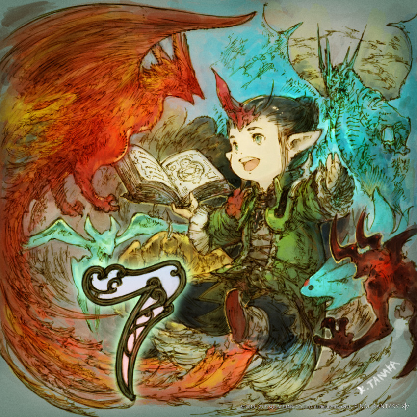 1other androgynous artist_name baggy_pants bahamut_(final_fantasy) bird black_hair book carbuncle_(final_fantasy) coat copyright_name copyright_notice countdown dragon final_fantasy final_fantasy_xiv garuda_(final_fantasy) green_eyes hair_bun highres holding holding_book horns ifrit_(final_fantasy) lalafell long_sleeves looking_at_another official_art open_mouth outstretched_arms pants phoenix phoenix_(final_fantasy) pointy_ears shoes sidelocks single_hair_bun single_horn smile spread_arms summoner_(final_fantasy) teeth titan_(final_fantasy) upper_teeth_only warrior_of_light_(ff14)