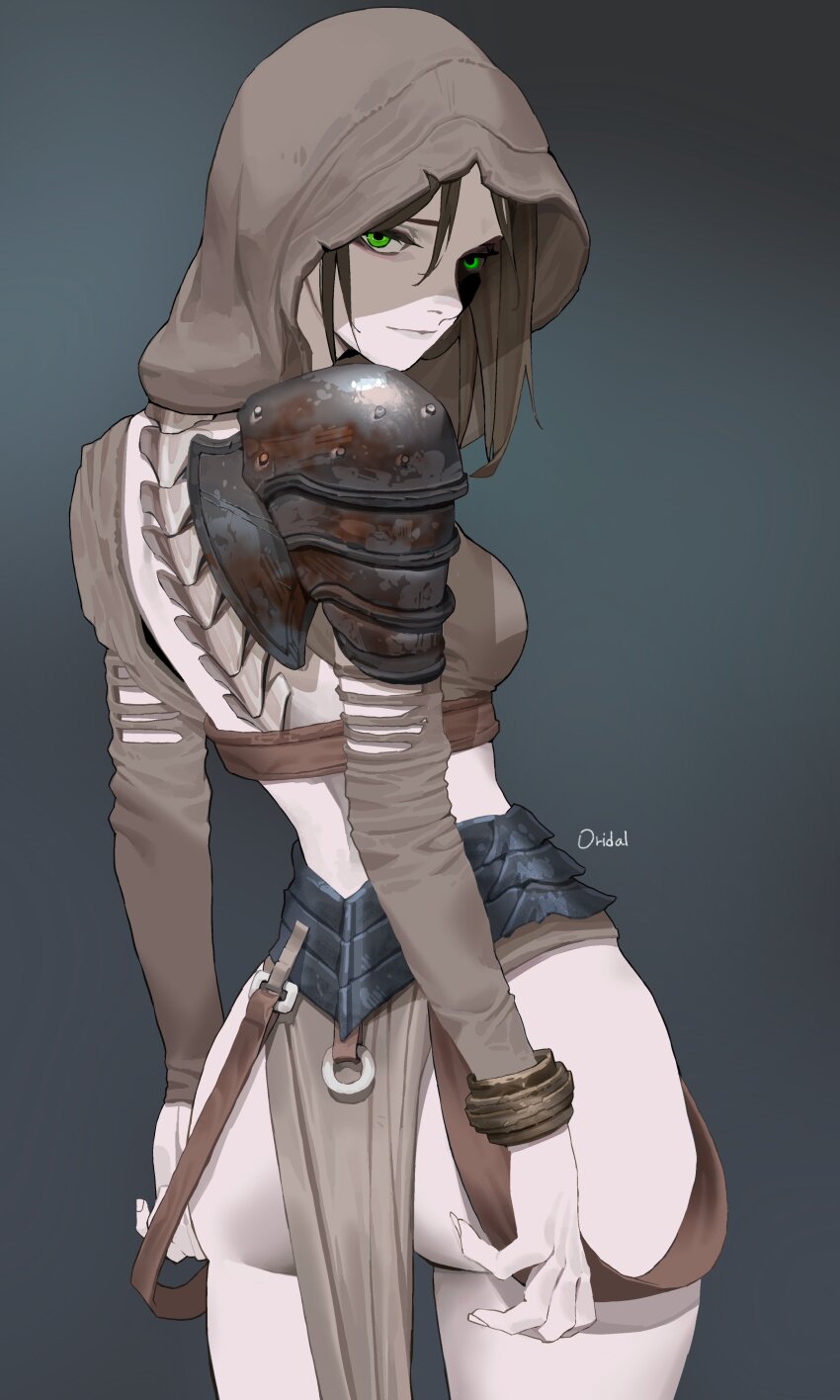 1girl absurdres artist_name ass breasts brown_hair closed_mouth cowboy_shot from_behind gradient_background green_eyes highres hood hood_up large_breasts ori_dal original short_hair shoulder_plates solo