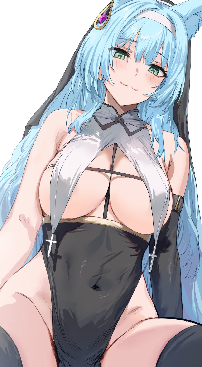 1girl :3 absurdres animal_ear_fluff animal_ears backlighting blue_hair borrowed_character bottomless breasts commentary english_commentary fox_ears fox_girl green_eyes hairband half-closed_eyes hews highres large_breasts long_hair looking_at_viewer navel original sister_reine_(foxyreine) sketch solo thighs