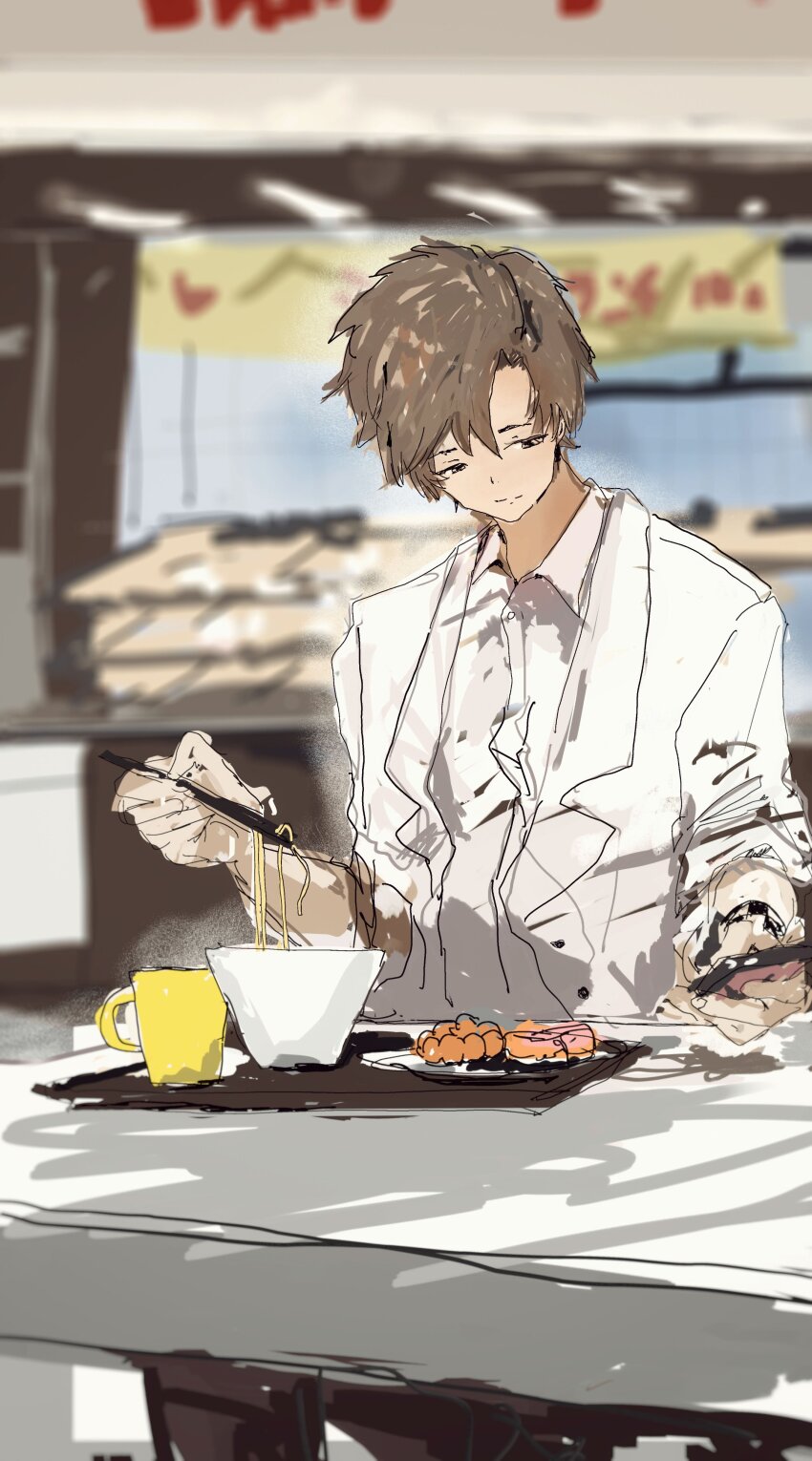 1boy absurdres blazer blurry blurry_background bowl brown_hair brown_pants cellphone cevio chopsticks closed_mouth collared_shirt commentary_request cup dress_shirt eating feet_out_of_frame food half-closed_eyes highres holding holding_chopsticks holding_phone indoors jacket kabuyama_kaigi looking_at_phone male_focus mug noodles open_clothes open_jacket pants phone restaurant shirt short_hair smartphone smile solo table takahashi_amato tray white_jacket white_shirt