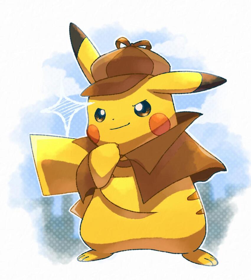 brown_capelet brown_hat capelet clothed_pokemon detective_pikachu_(character) detective_pikachu_(game) detective_pikachu_(series) full_body gen_1_pokemon hat highres nintendo no_humans official_alternate_costume pikachu pokemon pokemon_(creature) roku_(rokkrn) solo standing yellow_fur