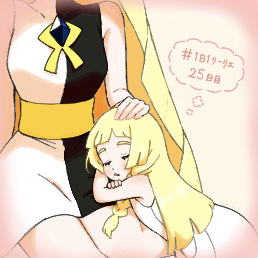 2girls absurdres aged_down blonde_hair blue_gemstone closed_eyes commentary_request covered_collarbone dress eyelashes gem headpat highres hiyokko2min lillie_(pokemon) long_hair lusamine_(pokemon) mother_and_daughter multiple_girls nintendo pokemon pokemon_(anime) pokemon_sm_(anime) short_dress sleeping sleeveless sleeveless_dress translation_request white_dress