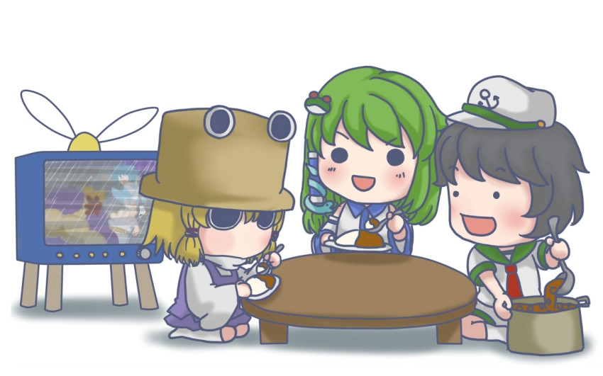 5girls anchor black_hair blonde_hair blue_hair blush eating female_focus food frog_hair_ornament green_eyes green_hair hair_ornament hat kochiya_sanae leaf long_hair mabui moriya_suwako multiple_girls murasa_minamitsu purple_hair short_hair tatara_kogasa television touhou umbrella yasaka_kanako