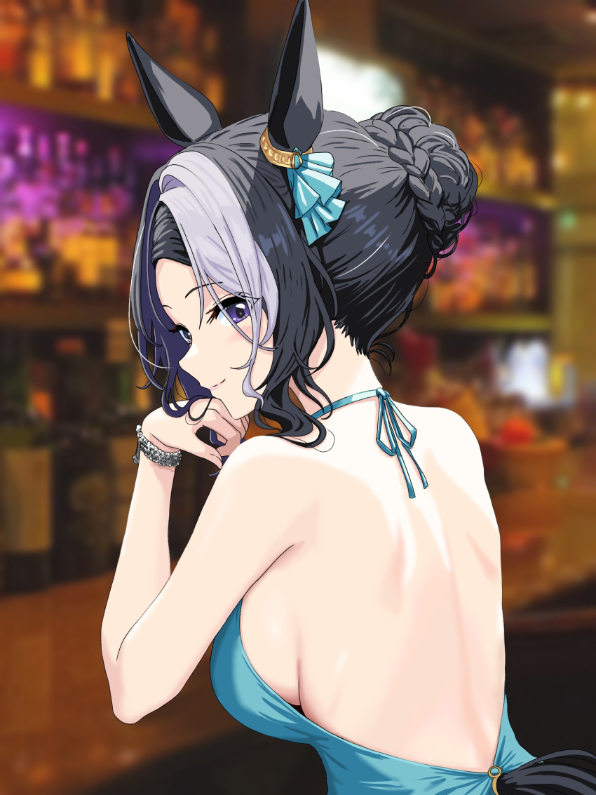 1girl alternate_costume animal_ears back backless_dress backless_outfit bar_(place) bare_shoulders blue_dress blurry blurry_background breasts clothing_cutout commentary_request dress ear_ornament from_behind hair_bun head_rest highres horse_ears horse_girl horse_tail looking_at_viewer looking_back medium_breasts mejiro_ramonu_(umamusume) multicolored_hair nape purple_eyes short_hair sitting smile solo streaked_hair table tail tail_through_clothes umamusume white_hair zenbrush2