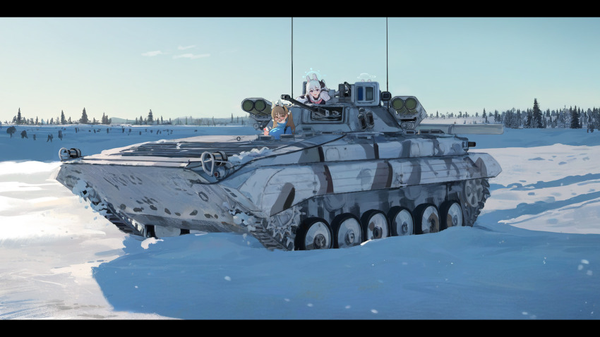 3girls 9m133_kornet absurdres admiralkeyes anti-tank_missile armored_personnel_carrier armored_vehicle autocannon blue_archive blue_sweater bmp-2 brown_hair cannon caterpillar_tracks glasses halo highres looking_at_viewer military_vehicle miyako_(blue_archive) miyu_(blue_archive) moe_(blue_archive) motor_vehicle multiple_girls rabbit_team radio_antenna snow sweater tank tree twintails vehicle_focus white_hair winter