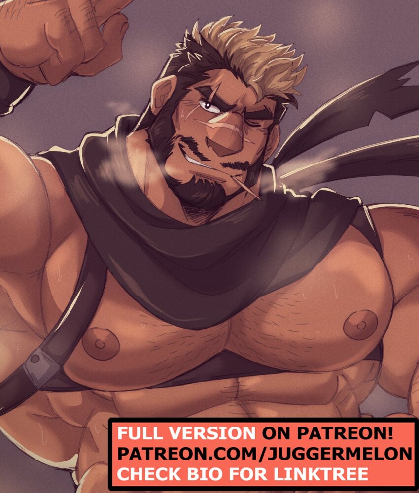 1boy bara bare_pectorals beard chest_harness dark-skinned_male dark_skin facial_hair flexing full_beard gen_5_pokemon hairy hand_hair harness highres humanization juggermelon knuckle_hair large_pectorals legendary_pokemon light_brown_hair looking_at_viewer male_focus mature_male multicolored_hair muscular muscular_male mustache nintendo nipples one_eye_closed paid_reward_available pectorals pencil_mustache pokemon red_scarf scarf seductive_smile short_hair smile solo sparse_chest_hair steaming_body sweat terrakion thick_beard thick_eyebrows two-tone_hair underbust upper_body