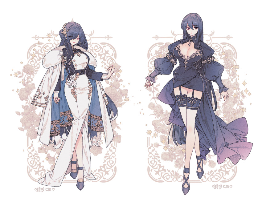 2girls black_dress black_eyes black_hair black_shoes breasts cleavage cleavage_cutout clothing_cutout coat coat_on_shoulders collage double-parted_bangs dress embroidery fashion floral_background flower full_body fur_collar garter_straps hair_ornament hair_over_one_eye large_breasts lemon89h long_hair looking_at_viewer multicolored_hair multiple_girls original parted_bangs pink_lips pink_nails puckered_lips puffy_sleeves rose shoes sidelocks standing straight_hair streaked_hair two-tone_hair very_long_hair wavy_hair white_coat white_dress white_hair yellow_eyes