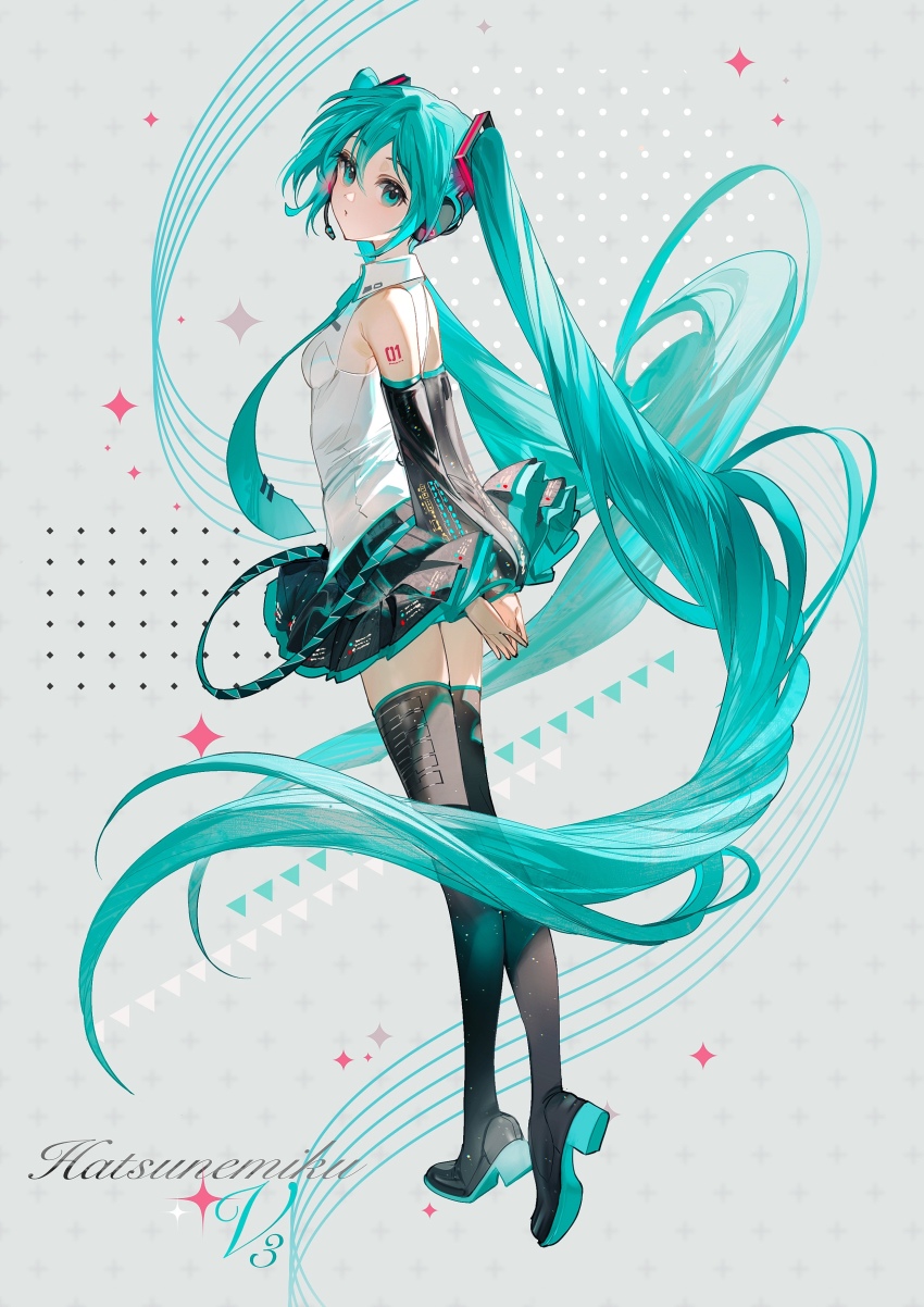 1girl absurdres aqua_eyes aqua_hair aqua_necktie arm_tattoo arms_behind_back bare_shoulders black_boots black_skirt black_sleeves blue_trim boots breasts character_name chromatic_aberration collared_shirt commentary detached_sleeves english_text from_side full_body grey_background hair_ornament hatsune_miku hatsune_miku_(vocaloid3) headset highres layered_skirt long_hair long_sleeves looking_at_viewer looking_to_the_side miniskirt necktie number_tattoo own_hands_together parted_lips pleated_skirt polka_dot puffy_long_sleeves puffy_sleeves rumoon see-through_clothes see-through_sleeves shirt simple_background skirt sleeveless sleeveless_shirt small_breasts solo standing star_(symbol) tattoo thigh_boots thighhighs tiptoes twintails very_long_hair vocaloid white_shirt zettai_ryouiki