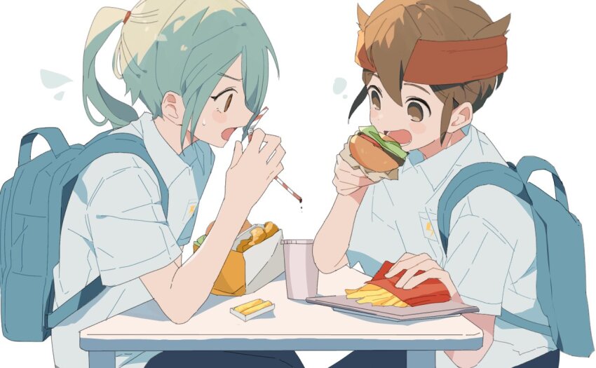 2boys backpack bag black_pants blue_hair breast_pocket brown_eyes brown_hair burger chicken_nuggets collared_shirt commentary_request drinking_straw eating ebi_(shrimp_eleven) endou_mamoru food french_fries hair_between_eyes hair_horns hair_over_one_eye holding holding_burger holding_drinking_straw holding_food holding_straw inazuma_eleven inazuma_eleven_(series) kazemaru_ichirouta looking_at_food lower_teeth_only male_focus milkshake multiple_boys one_eye_covered open_mouth pants pocket ponytail shirt simple_background sitting sweatdrop table teeth tray white_background white_shirt wing_collar