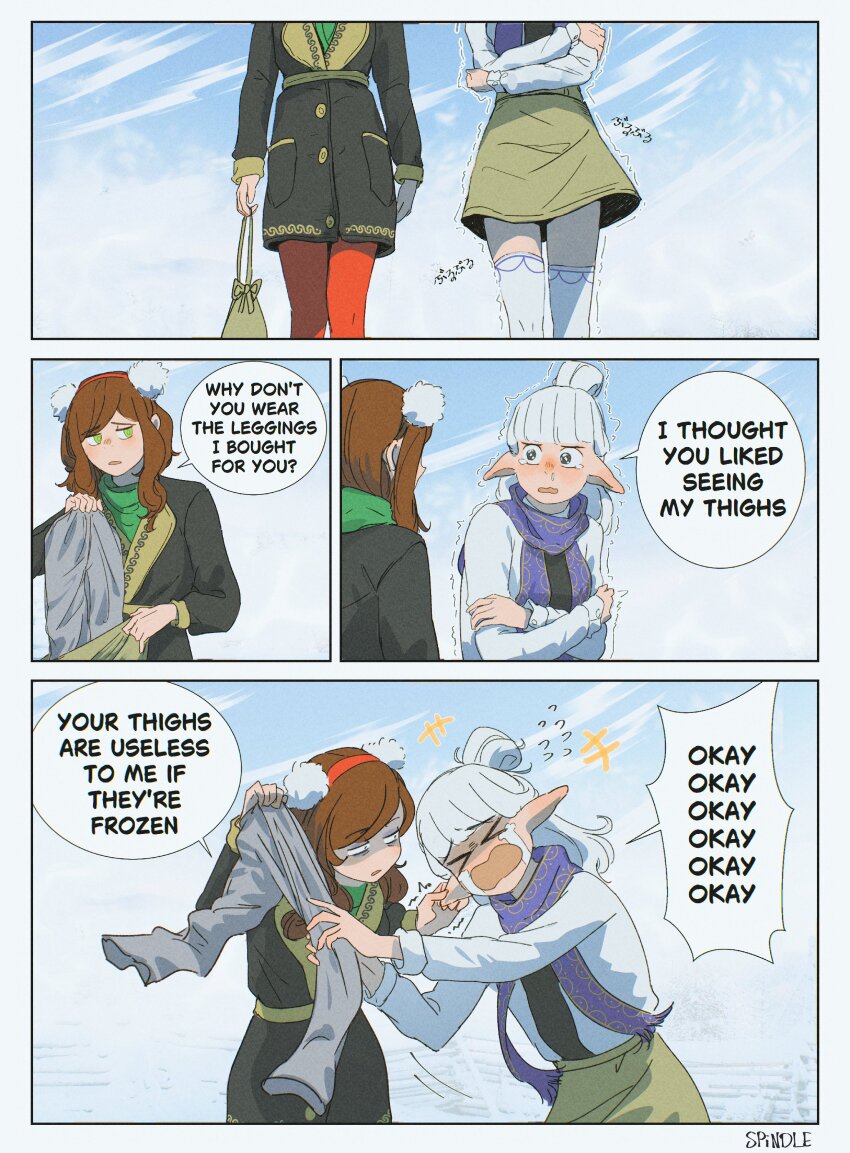 &gt;_&lt; 2girls absurdres asimov_(spindle_(aidenr0)) bag comic english_text green_eyes highres leggings multiple_girls original ottilie_(spindle_(aidenr0)) pinching pointy_ears speech_bubble spindle_(aidenr0) thighhighs trembling winter yuri