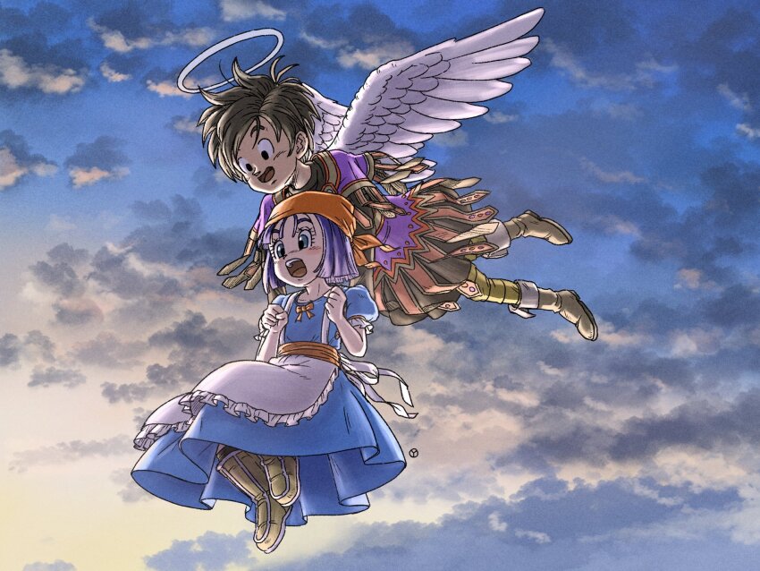 1boy 1girl :d angel angel_wings apron bandana black_eyes black_socks blue_dress blue_eyes blue_hair blue_halo blue_sky blunt_ends blush boots bow brown_boots brown_hair brown_tunic capelet carrying carrying_person clenched_hands cloud commentary_request dragon_quest dragon_quest_ix dress dress_bow feathered_wings floating_clothes floating_hair flying frilled_apron frills gradient_sky halo hero_(dq9) highres looking_down open_mouth orange_bandana orange_bow orange_sash rikka_(dq9) short_hair sky smile socks striped_leggings tunic waist_apron white_apron white_wings wings yellow_leggings yellow_sky yuto_sakurai