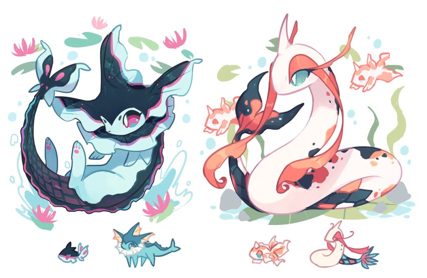 charamells closed_mouth commentary eyelashes finneon fish gen_1_pokemon gen_3_pokemon gen_4_pokemon goldeen green_eyes highres horns lily_pad milotic nintendo no_humans pokemon pokemon_(creature) single_horn toes vaporeon water water_drop white_background