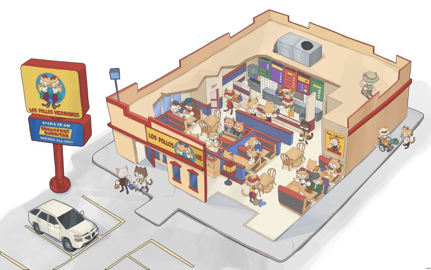 19vodnik 6+boys 6+girls absurdres animal_ears beard bendy_straw better_call_saul blonde_hair breaking_bad burger cane car carnival_phantasm cat_ears cat_tail chair chibi chicken_(food) commission crossover cup disposable_cup drinking_straw eating employee_uniform english_text facial_hair fast_food fast_food_uniform food french_fries fried_chicken gustavo_fring highres holding holding_food holding_tray jesse_pinkman lalo_salamanca logo long_skirt los_pollos_hermanos melty_blood menu_board mike_ehrmantraut milkshake motor_vehicle multiple_boys multiple_girls neco-arc neco_spirit onion_rings purple_skirt restaurant saul_goodman skirt spanish_text sports_utility_vehicle table tail tray tsukihime type-moon walter_white wheelchair