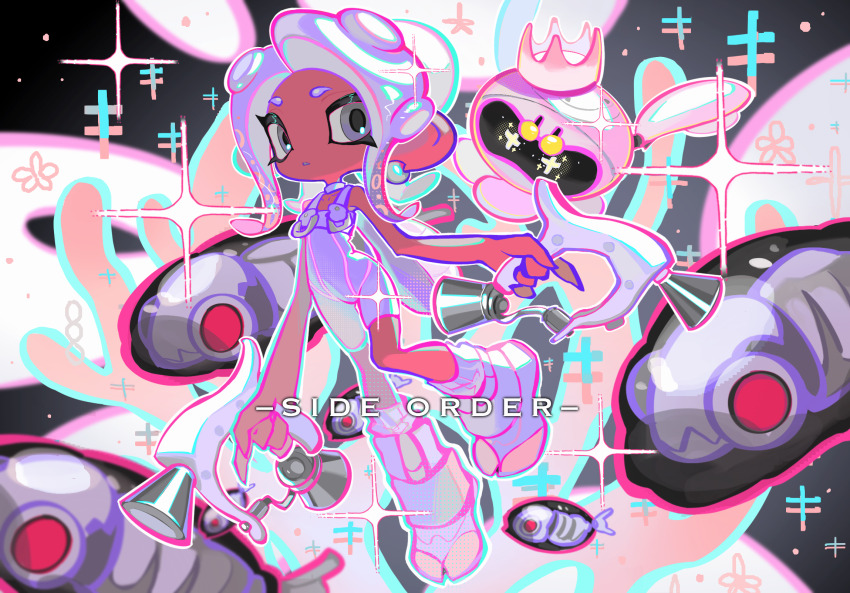 2girls agent_8_(splatoon) bodysuit boots choker commentary_request copyright_name crown dark-skinned_female dark_skin drone dual_wielding earrings grey_eyes grey_hair highres holding jelleton jewelry multiple_girls nintendo non-humanoid_robot octoling octoling_girl octoling_player_character order_dualies_(splatoon) pearl_(splatoon) pearl_drone_(splatoon) robot sparkle splatoon_(series) splatoon_3 splatoon_3:_side_order suction_cups swarming_languendo tentacle_hair white_bodysuit white_choker white_footwear xiaoyunatie