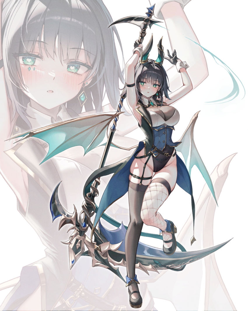 1girl abigail_(black_survival) alternate_costume arm_strap arm_up armpits arms_behind_head asymmetrical_legwear bare_shoulders belt black_gloves black_hair black_shoes black_survival black_thighhighs black_vest breasts brown_leotard cameltoe cleavage covered_navel demon_girl demon_horns demon_tail demon_wings detached_collar earrings eternal_return:_black_survival facial_mark fishnet_thighhighs fishnets full_body garter_straps gloves gold_trim green_eyes groin gyogyog heart heart-shaped_pupils highleg highleg_leotard highres holding holding_scythe holding_weapon horns jewelry large_breasts leotard loose_belt low_wings mary_janes parted_lips scythe see-through_cleavage see-through_clothes shoes short_hair single_garter_strap skindentation sleeveless solo standing stomach_tattoo strapless symbol-shaped_pupils tail tailcoat tattoo thigh_belt thigh_gap thigh_strap thighhighs thighs underbust vest weapon white_background wings wrist_cuffs zoom_layer