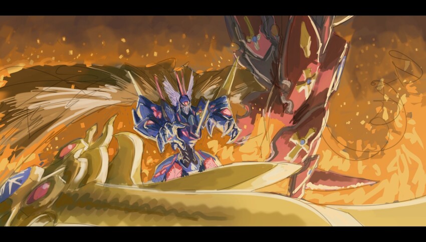animate_object armor blue_armor bryweludramon cape digimon digimon_(creature) durandamon feathered_wings fire forehead_jewel helmet highres knight nimadj ragnalordmon shield sketch solo_focus sword weapon winged_helmet wings