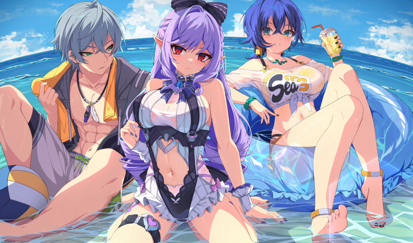1boy 2girls abs absurdres aze_not_bald barefoot belle_(summer_skies)_(zenless_zone_zero) belle_(zenless_zone_zero) black_jacket blue_hair closed_mouth commentary_request cup disposable_cup drinking_straw green_eyes grey_hair highres holding holding_cup innertube jacket long_hair looking_at_another looking_at_viewer multiple_girls navel official_alternate_costume official_alternate_hairstyle one-piece_swimsuit purple_hair purple_nails red_eyes short_hair siblings sitting stomach swim_ring swimsuit thigh_strap very_long_hair vivian_banshee vivian_banshee_(iris_of_the_shore) volleyball wariza white_one-piece_swimsuit wise_(peaceful_waves)_(zenless_zone_zero) wise_(zenless_zone_zero) zenless_zone_zero