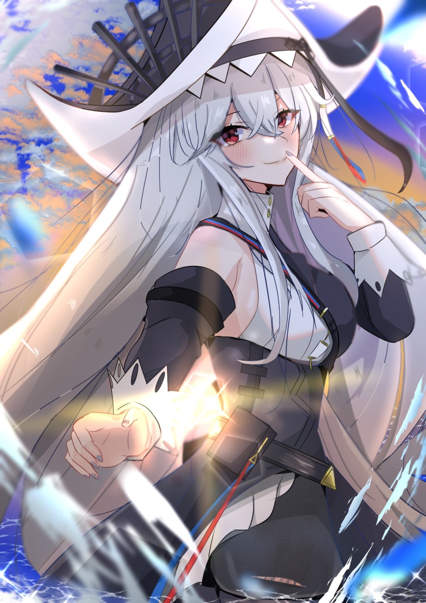 1girl akabeko123 arknights bare_shoulders black_hat black_pantyhose black_sleeves blush caustics closed_mouth cowboy_shot day detached_sleeves diffraction_spikes finger_to_mouth fingernails grey_hair grey_nails hair_between_eyes hat highres long_hair long_sleeves nail_polish outdoors pantyhose red_eyes smile solo specter_(arknights) specter_the_unchained_(arknights) standing sunlight torn_clothes torn_pantyhose two-sided_fabric two-sided_headwear water white_hat