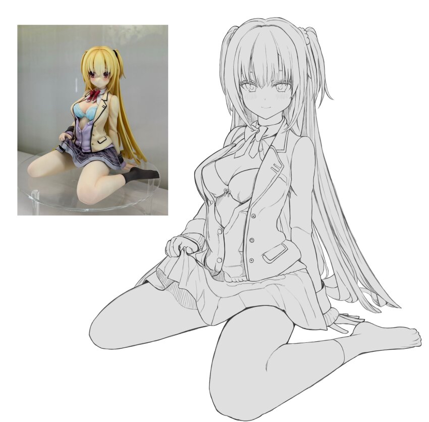 1girl absurdres aqua_bra arihara_nanami arm_behind_back black_scrunchie black_socks blonde_hair blush bow bowtie bra breasts cardigan cleavage closed_mouth clothes_lift eyebrows_hidden_by_hair eyelashes figure full_body grey_skirt greyscale hair_between_eyes hair_ornament hair_scrunchie highres jacket large_breasts lifting_own_clothes long_hair long_sleeves looking_at_viewer miniskirt monochrome no_shoes open_cardigan open_clothes open_jacket open_shirt partially_unbuttoned photo-referenced plaid_clothes plaid_skirt pleated_skirt purple_cardigan red_bow red_bowtie red_eyes riddle_joker scrunchie seductive_smile shirt simple_background skirt skirt_lift sleeves_past_wrists smile socks solo straight_hair thighs tsurime two_side_up underwear very_long_hair westgon white_background white_shirt yellow_jacket