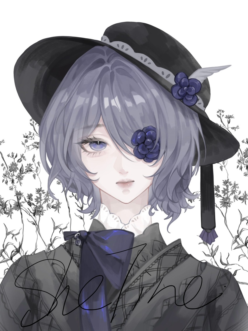 1girl aegyo_sal alternate_costume arknights artist_name black_hat black_shirt blue_eyes blue_flower chinese_commentary closed_mouth clothing_request commentary commission english_text eyelashes flower flower_hat flower_request grey_hair hair_over_one_eye hat hat_flower highres lips portrait shetine shirt short_hair solo whisperain_(arknights) white_background wing_hat_ornament wolf_cut