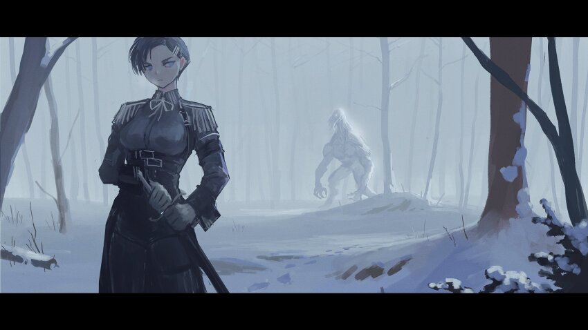 1girl arm_strap asymmetrical_bangs bare_tree belt black_belt black_border black_corset black_hair black_pantyhose black_shirt black_shorts black_sleeve_cuffs blue_eyes border breasts chest_harness claws coattails collared_shirt corset cowboy_shot curtained_hair dress_shirt epaulettes facing_viewer fog forest fringe_trim frown glaring gloves glowing glowing_eye hair_ornament hairclip hairpin half-closed_eyes hand_on_hilt hand_on_sheath harness high-waist_shorts highres holding holding_sheath imminent_fight large_breasts leaning_forward legs_apart letterboxed long_arms long_hair long_neck long_sleeves looking_at_another looking_back military_rank_insignia military_uniform monster multiple_hairpins muscular narrowed_eyes nature neck_ribbon original pantyhose parted_bangs parted_hair ribbon saber_(weapon) scabbard sheath sheathed shirt short_hair short_shorts shorts snow soldier solo_focus standing sword thick_neck thigh_strap tight_clothes too_many too_many_belts tree underbust v-shaped_eyebrows vertigris weapon white_fur white_gloves white_hair white_ribbon wide_shot wing_collar winter