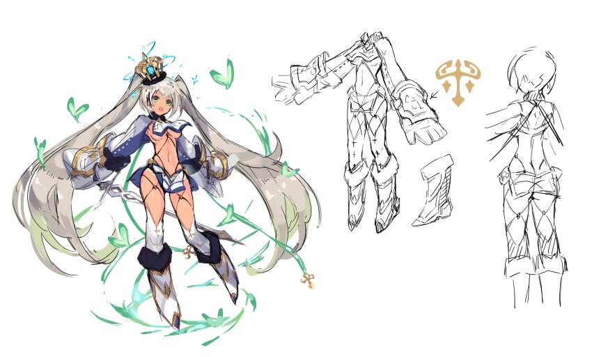 1girl :o absurdly_long_hair absurdres ancient_killers_(phantom_of_the_kill) breast_curtain reference_sheet commentary_request crossed_bangs crown damocles_(phantom_of_the_kill) from_behind full_body gloves green_eyes grey_hair hair_between_eyes heart highres holding holding_sword holding_weapon long_hair long_sleeves looking_at_viewer midriff navel official_art phantom_of_the_kill simple_background socks standing standing_on_one_leg straight-on sword thighhighs thighs twintails very_long_hair weapon white_background white_footwear white_gloves white_socks