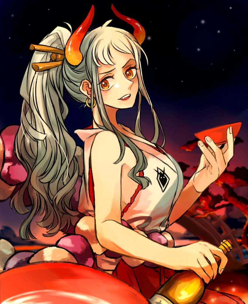 1girl bottle cup earrings hakama hashtag-only_commentary highres holding holding_bottle holding_cup horns japanese_clothes jewelry kimono looking_at_viewer night night_sky one_piece orange_eyes ponytail red_hakama rope shimenawa sidelocks sinoda_maru7326 sky sleeveless sleeveless_kimono smile solo upper_body white_hair white_kimono yamato_(one_piece)