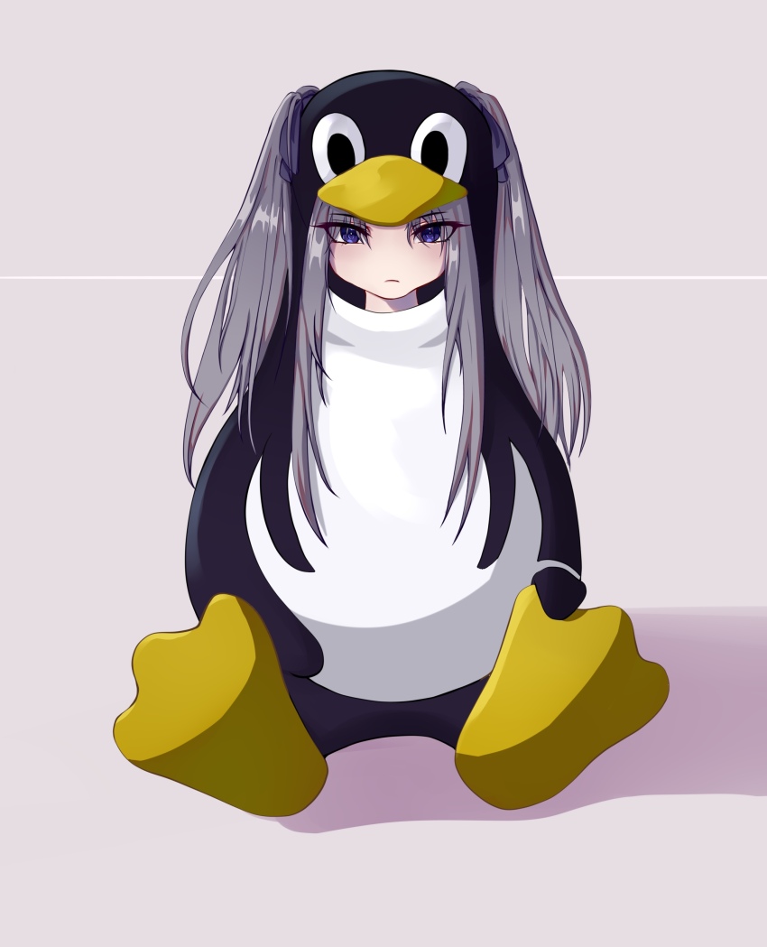 1girl absurdres animal_costume animal_hood blue_eyes blue_ribbon closed_mouth cosplay frown grey_background grey_hair hair_ribbon hair_through_hood hand_on_own_leg highres hood hood_up linux long_hair looking_at_viewer nemusoma no_nose on_floor original penguin_costume penguin_hood ribbon russian_commentary shadow sitting solo tsurime tux twintails