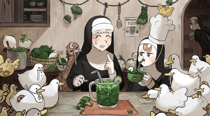 3girls :d @_@ ^_^ animal animal_on_head basket bendy_straw bib bird broccoli brown_eyes brown_hair cauliflower chef_hat chicken chocolate_chip_cookie closed_eyes commentary cookie counter cross_scar cucumber cucumber_slice cup cupboard diva_(hyxpk) doll drinking drinking_straw drooling duck duckling english_commentary food freckles frog froggy_nun_(diva) goose habit hat highres holding holding_cup hungry_nun_(diva) index_finger_raised jumping kitchen ladle little_nuns_(diva) mortar_(bowl) mouth_hold mug multiple_girls nausea nervous_smile nervous_sweating nun on_head open_mouth ostrich pestle placemat plate pointing pointing_at_self poster_(object) pot red_hair saliva scar scar_on_chest sheep_nun_(diva) slice_of_life smile spatula spread_wings sweat traditional_nun turn_pale vegetable vegetable_juice white_hair