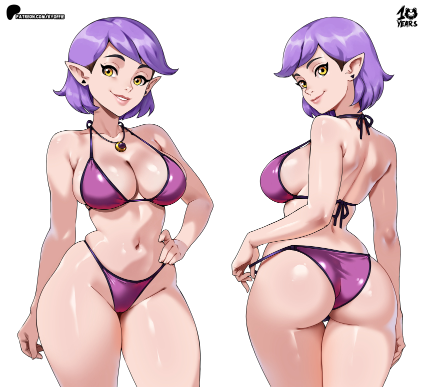 1girl absurdres amity_blight artist_name bikini breasts closed_mouth commentary cowboy_shot earrings from_behind grin hand_on_own_hip highres jewelry kyoffie large_breasts looking_back multiple_views navel necklace paid_reward_available patreon_logo patreon_username pointy_ears pulling_own_clothes purple_eyes purple_hair simple_background smile string_bikini swimsuit the_owl_house white_background yellow_eyes