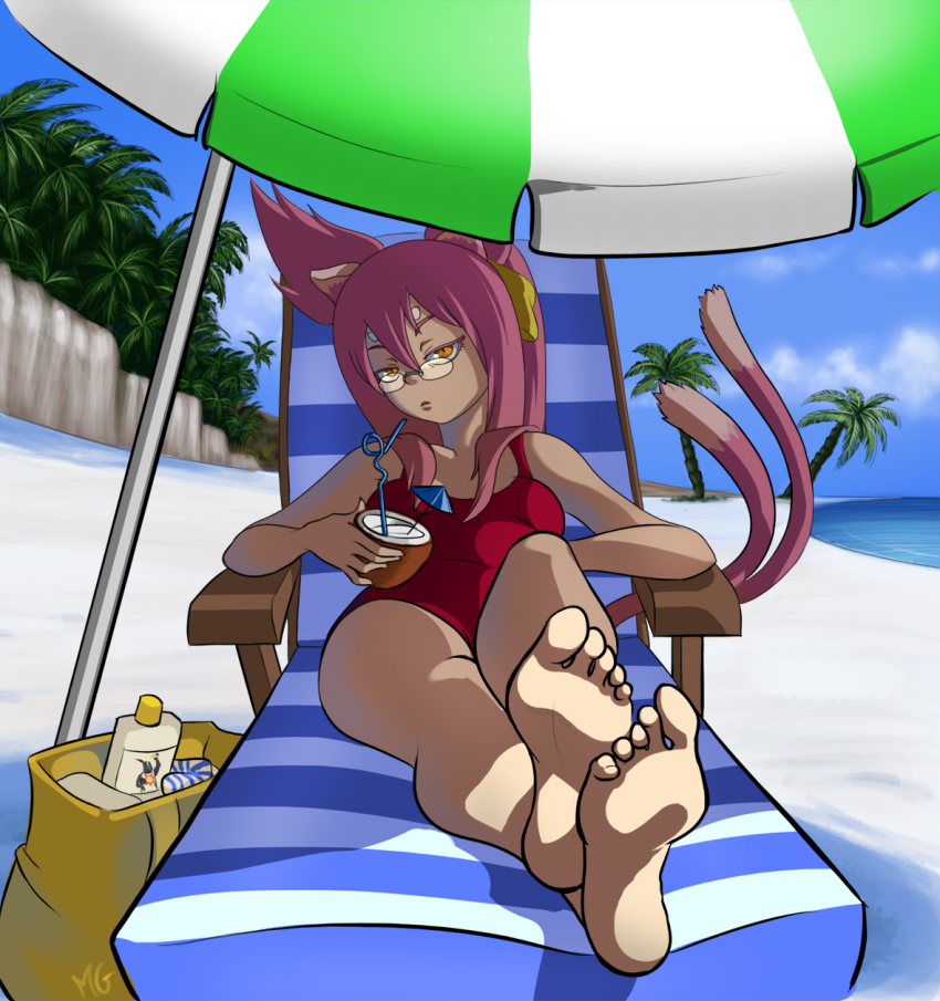1girl animal_ears arc_system_works bag barefoot beach beach_chair beach_umbrella blazblue bored bow cameo cat_ears cat_tail chair cocktail_umbrella coconut crossed_ankles dark_souls_(series) dark_souls_i day drink drinking_straw feet female_focus foot_focus foreshortening fromsoftware fruit_cup full_body glasses hair_between_eyes hair_bow highres jitome kokonoe_(blazblue) long_hair looking_at_viewer lotion_bottle lounge_chair mario_grant multiple_tails ocean one-piece_swimsuit orange_eyes outdoors palm_tree pince-nez pink_hair ponytail reclining red_one-piece_swimsuit shade solaire_of_astora soles solo swimsuit tail tree umbrella