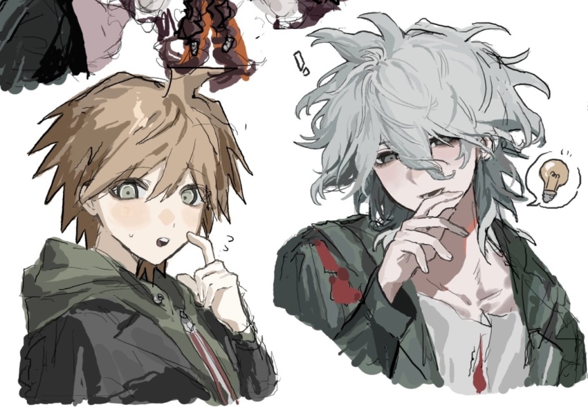 ! 2boys :d ahoge brown_hair collarbone danganronpa:_trigger_happy_havoc danganronpa_(series) danganronpa_2:_goodbye_despair flying_sweatdrops green_jacket grey_shirt hand_up jacket komaeda_nagito light_bulb male_focus multiple_boys naegi_makoto open_clothes open_jacket open_mouth portrait print_shirt shirt shujitsu_55 smile spoken_light_bulb