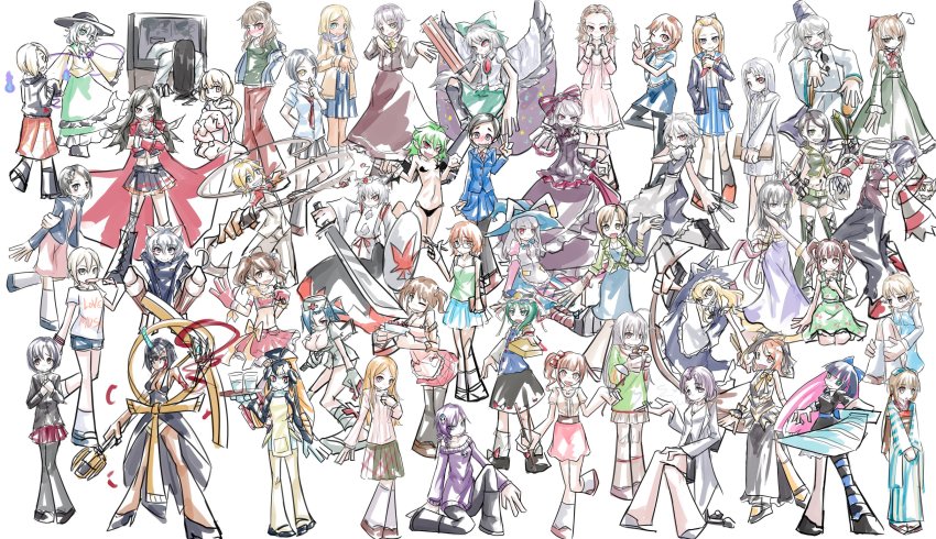 &gt;:d 10s 6+girls :d :t ;d absurdres ahoge animal_ears annotation_request arm_cannon aura_bella_fiora bare_shoulders black_hair black_wings blonde_hair blue_eyes blunt_bangs blush blush_stickers bow broom brown_eyes cake cape cigarette collage colored_sclera crossed_arms crossover dress drill_hair eliza_(skullgirls) embarrassed evil_grin evil_smile fingersmile flip_flappers food futaba_anzu glass glasses green_eyes green_hair grey_eyes grey_hair grin hair_bow hair_bun hair_ornament hair_over_one_eye hairclip hat highres hitodama hoshi_syoko hunter_x_hunter idolmaster idolmaster_cinderella_girls inubashiri_momiji irisu_kyouko irisu_shoukougun! izayoi_sakuya japanese_clothes kimono kirisame_marisa knife komeiji_koishi koshimizu_sachiko leviathan_(skullgirls) long_hair long_sleeves looking_at_viewer low_twintails maid maid_headdress midriff minette_(skullgirls) mononobe_no_futo multicolored_hair multiple_crossover multiple_girls mushroom neferpitou nurse_cap off-shoulder off-shoulder_sweater off_shoulder one_eye_closed open_mouth overlord_(maruyama) panty_&amp;_stocking_with_garterbelt pink_hair pom_pom_(clothes) purple_eyes purple_hair rabbit_ears rabbit_girl ray-k red_eyes reiuji_utsuho rod_of_remorse shalltear_bloodfallen shield shiki_eiki shirasaka_koume short_hair shorts side_ponytail simple_background single_hair_bun sketch skirt skull_hair_ornament skullgirls sleeves_past_wrists slit_pupils smile smoking squigly_(skullgirls) stocking_(psg) striped_clothes striped_legwear striped_thighhighs stuffed_animal stuffed_rabbit stuffed_toy sweater sword tate_eboshi television the_ring thighhighs through_medium through_screen tokin_hat touhou tray twintails two-tone_hair v v-shaped_eyebrows weapon white_background white_hair wide_sleeves wings witch_hat wolf_ears yamamura_sadako yayaka yellow_eyes yellow_sclera zone-tan