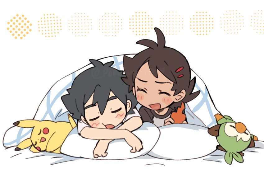 2boys :d antenna_hair ash_ketchum blush_stickers brown_hair closed_eyes commentary gen_1_pokemon gen_8_pokemon goh_(pokemon) grookey holding holding_phone lying male_focus multiple_boys nintendo on_stomach open_mouth phone pikachu pillow pokemon pokemon_(anime) pokemon_(creature) pokemon_journeys pokesumomo shirt short_hair short_sleeves smile t-shirt under_covers white_shirt